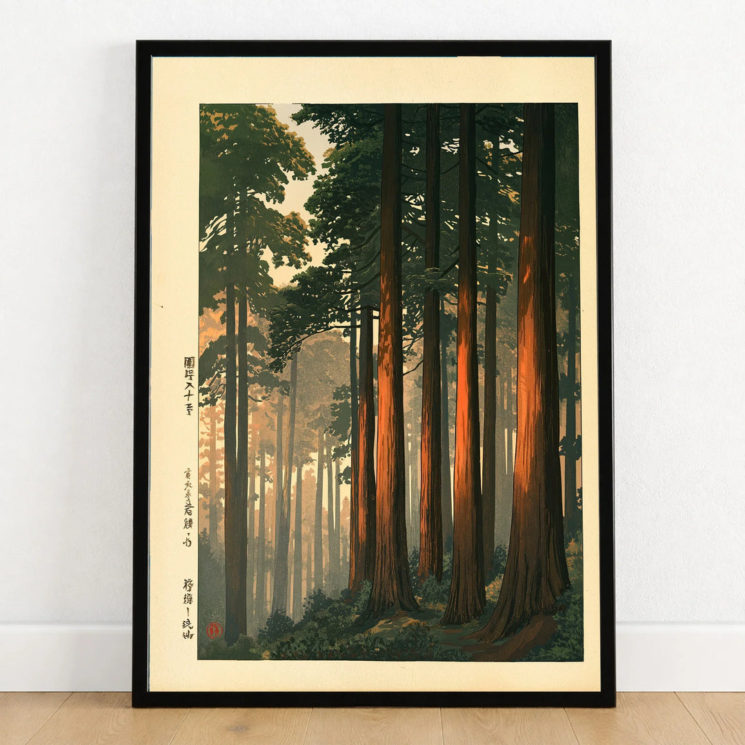 Vintage Japanese Forest Art Print – Woodland Landscape Wall Art — art print in black frame on wooden floor