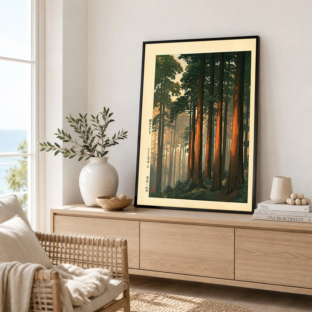 Vintage Japanese Forest Art Print – Woodland Landscape Wall Art — framed artwork living room lifestyle setting