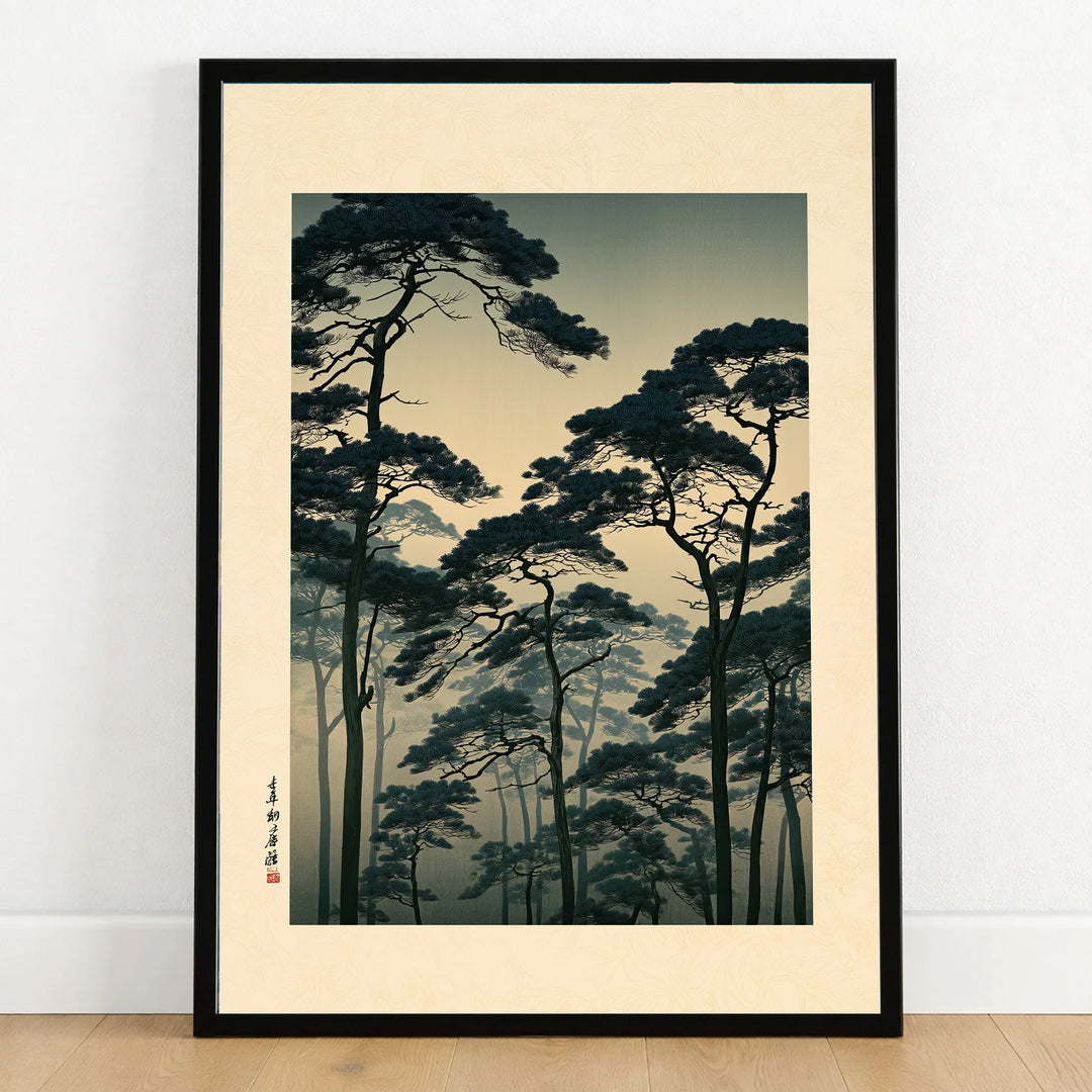 Japanese Forest Art Print – Vintage Japan Landscape Wall Art — art print in black frame on wooden floor