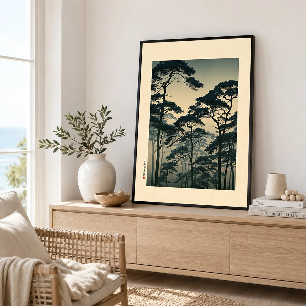 Japanese Forest Art Print – Vintage Japan Landscape Wall Art — framed artwork living room lifestyle setting