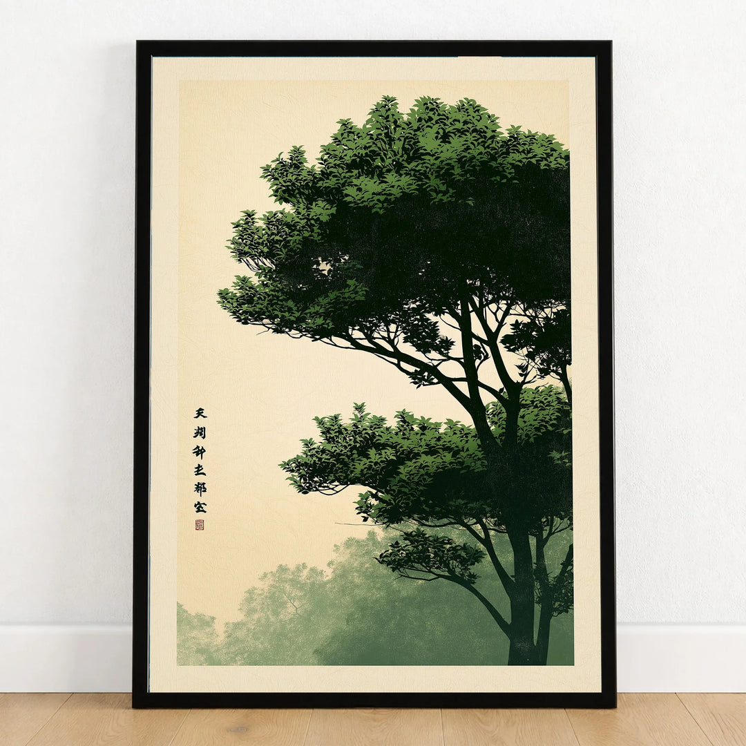 Vintage Japanese Pine Forest Print – Woodland Wall Art — art print in black frame on wooden floor