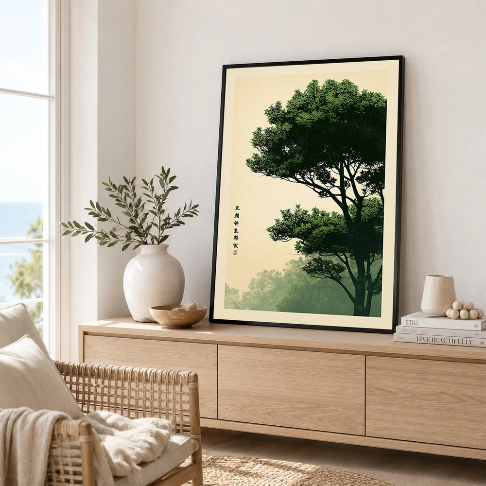 Vintage Japanese Pine Forest Print – Woodland Wall Art — framed artwork living room lifestyle setting