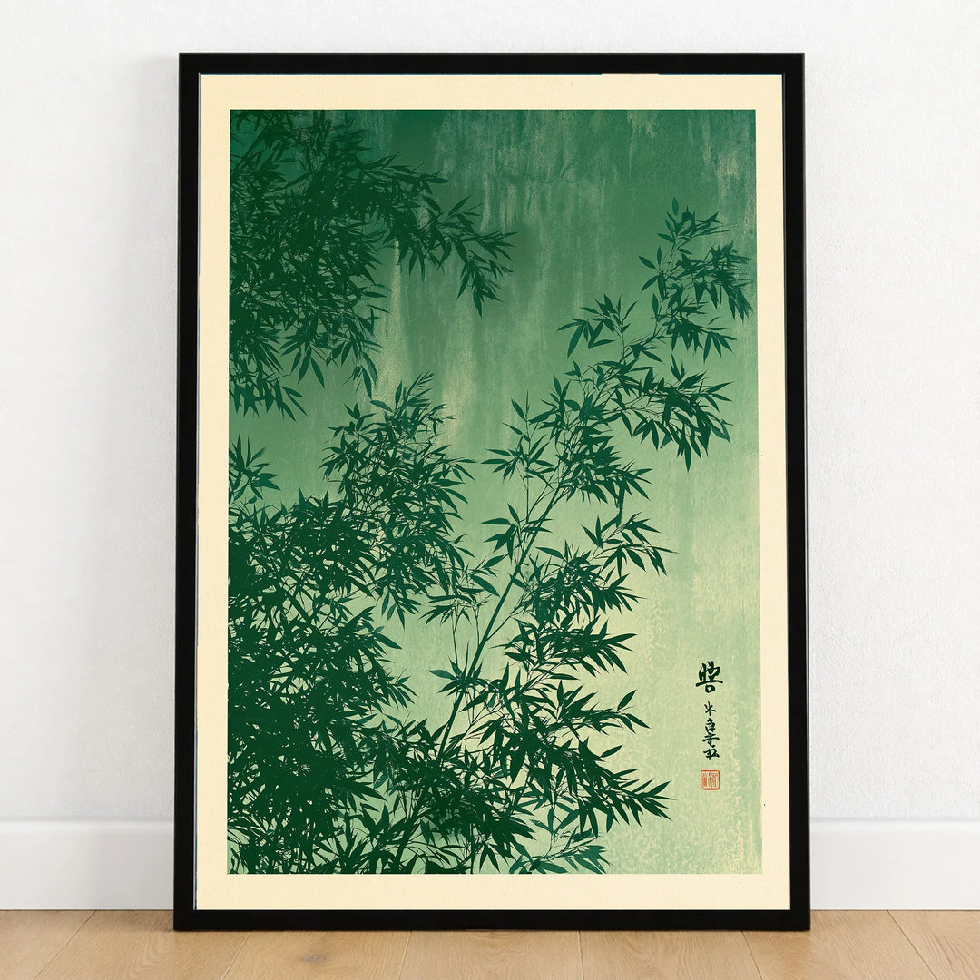 Japanese Bamboo Leaves Art Print – Green Vintage Botanical Wall Art — art print in black frame on wooden floor