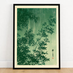 Japanese Bamboo Leaves Art Print – Green Vintage Botanical Wall Art — art print in black frame on wooden floor