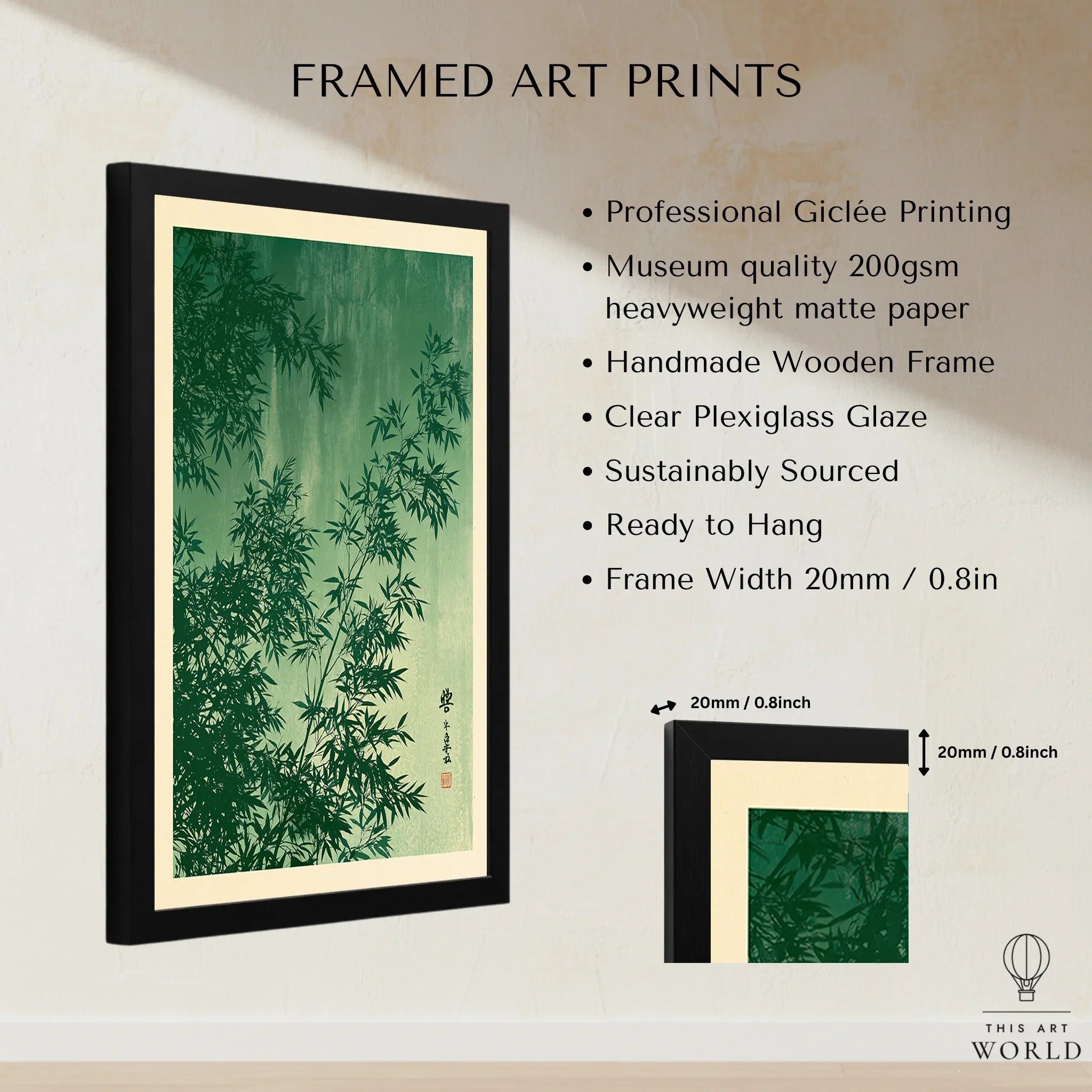 Japanese Bamboo Leaves Art Print – Green Vintage Botanical Wall Art — framed print details measurements quality details