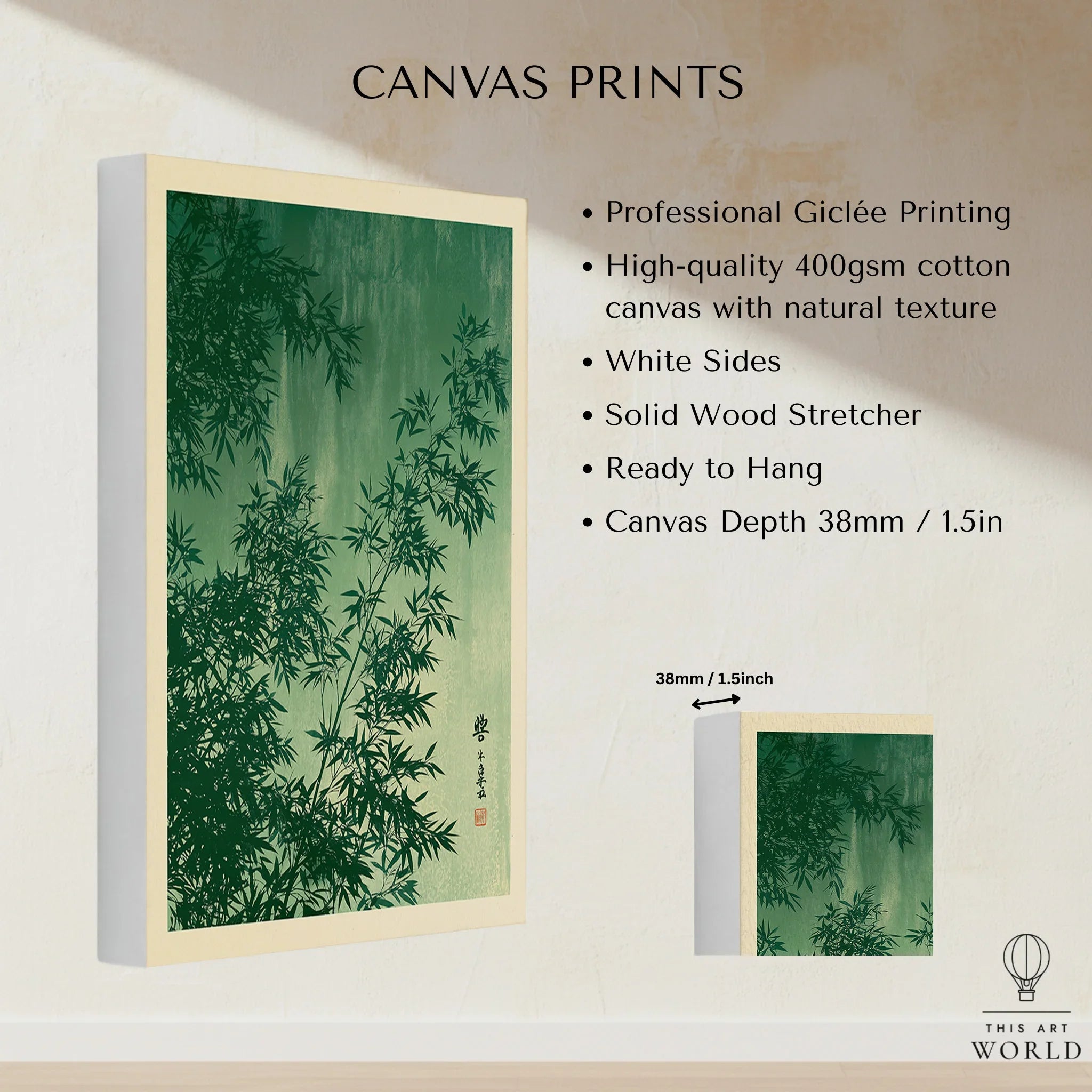 Japanese Bamboo Leaves Art Print – Green Vintage Botanical Wall Art — canvas print stretched cotton canvas details