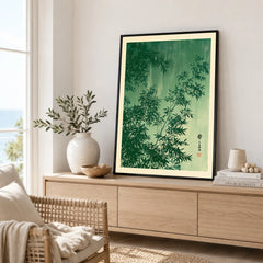 Japanese Bamboo Leaves Art Print – Green Vintage Botanical Wall Art — framed artwork living room lifestyle setting