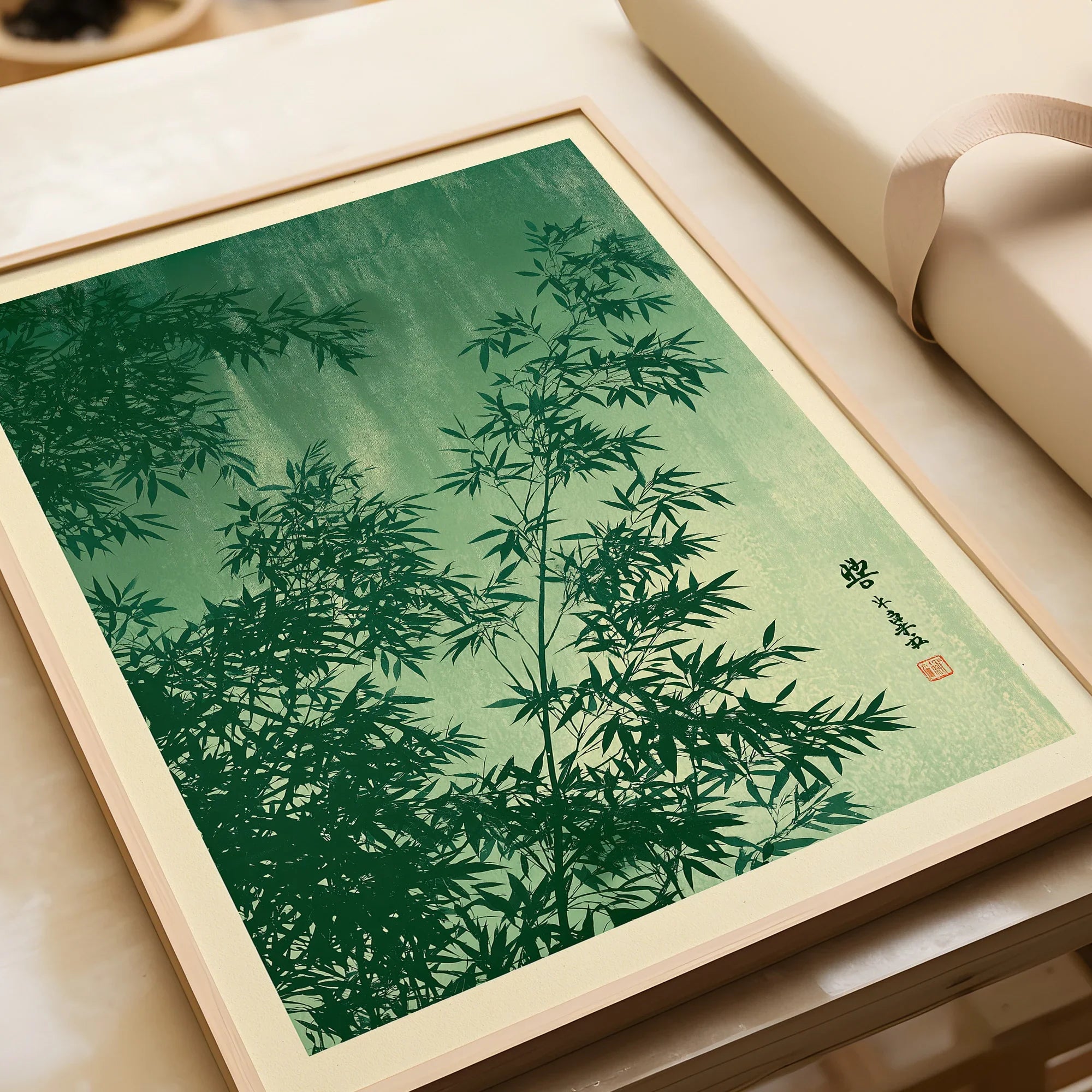 Japanese Bamboo Leaves Art Print – Green Vintage Botanical Wall Art — framed art print closeup gift unwrapped natural frame