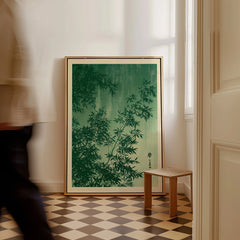 Japanese Bamboo Leaves Art Print – Green Vintage Botanical Wall Art — framed canvas on floor man walking past
