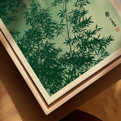 Japanese Bamboo Leaves Art Print – Green Vintage Botanical Wall Art — closeup framed canvas natural wood floating frame