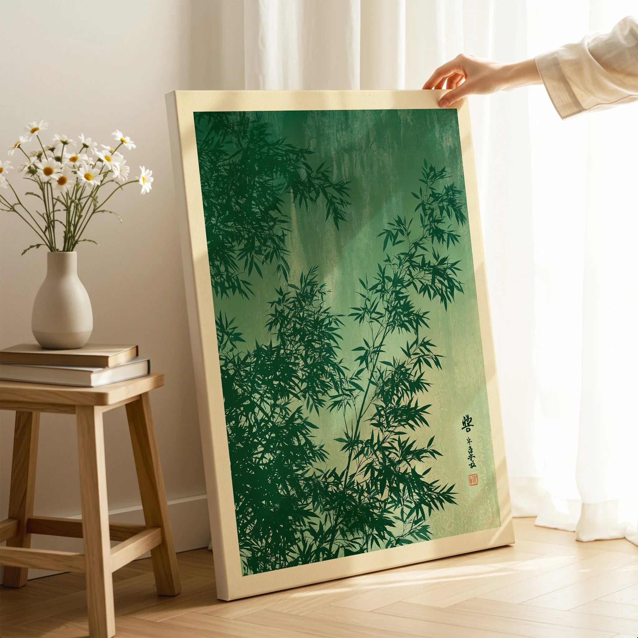 Japanese Bamboo Leaves Art Print – Green Vintage Botanical Wall Art — canvas print mirror edge hand holding room setting