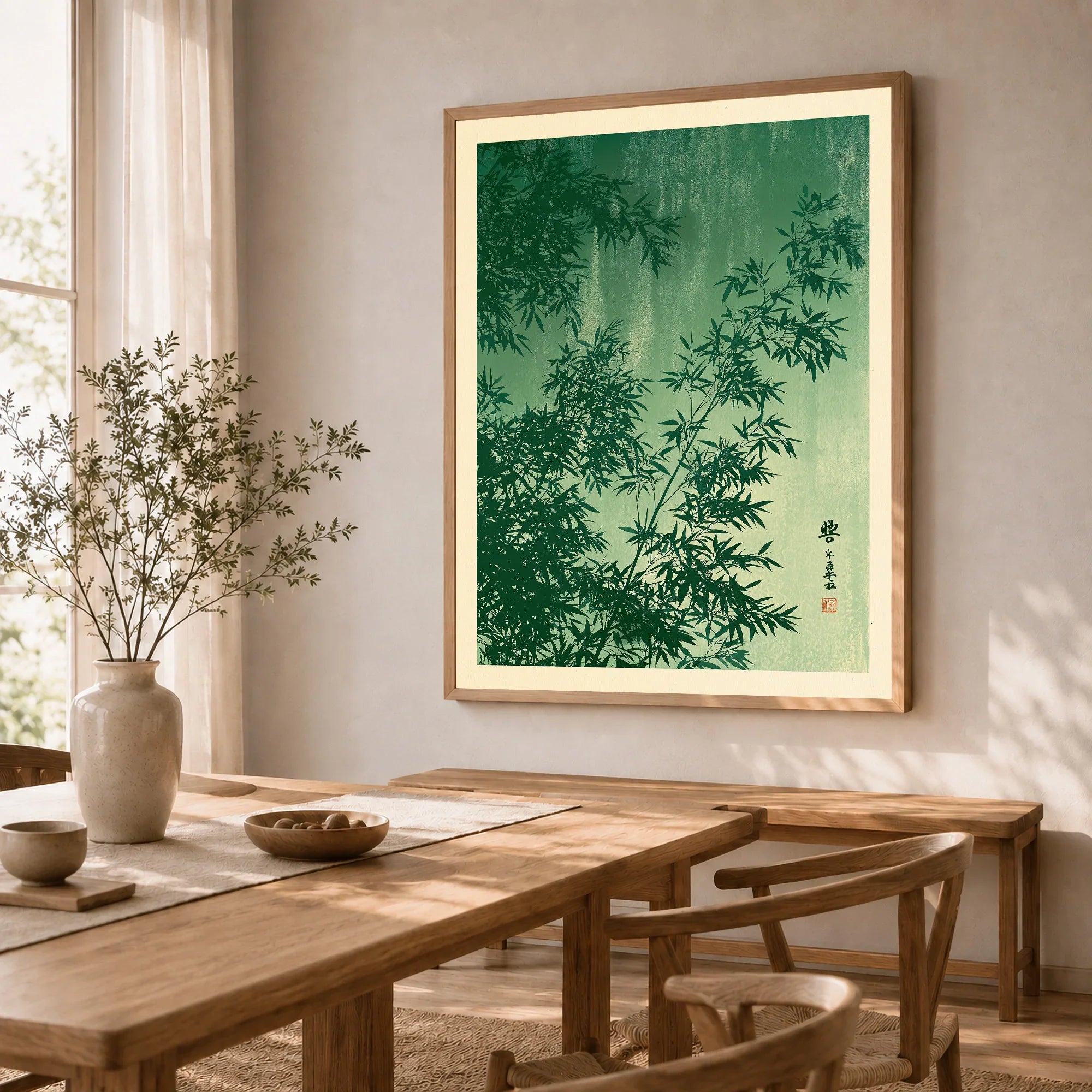 Japanese Bamboo Leaves Art Print – Green Vintage Botanical Wall Art — dining room framed print natural wood frame
