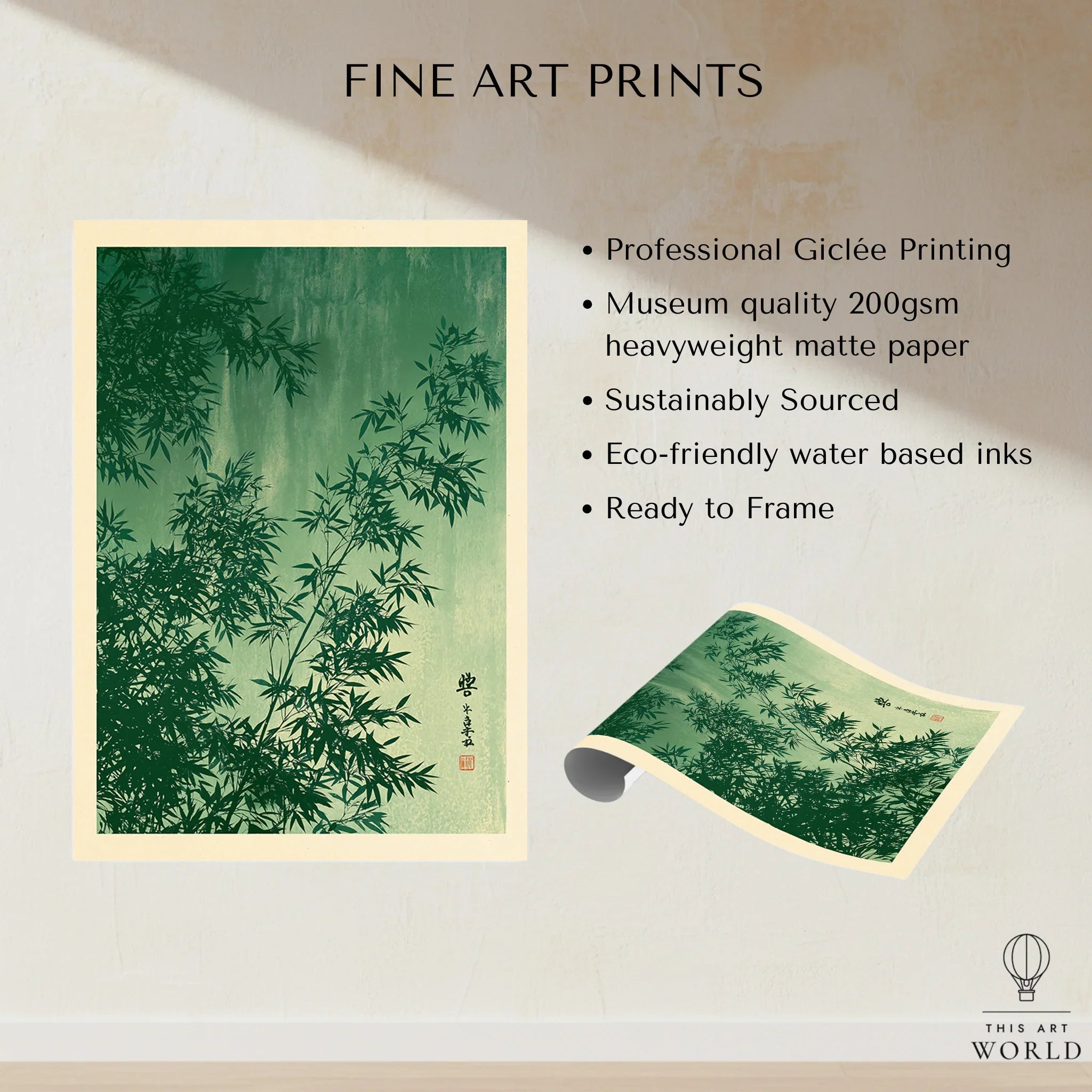 Japanese Bamboo Leaves Art Print – Green Vintage Botanical Wall Art — fine art print unframed quality details