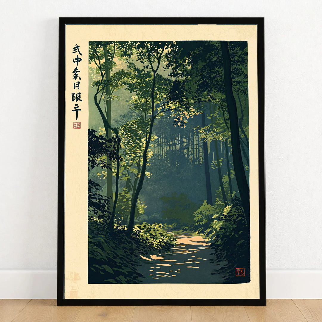 Japanese Woodland Art Print – Vintage Forest Path Wall Art — art print in black frame on wooden floor