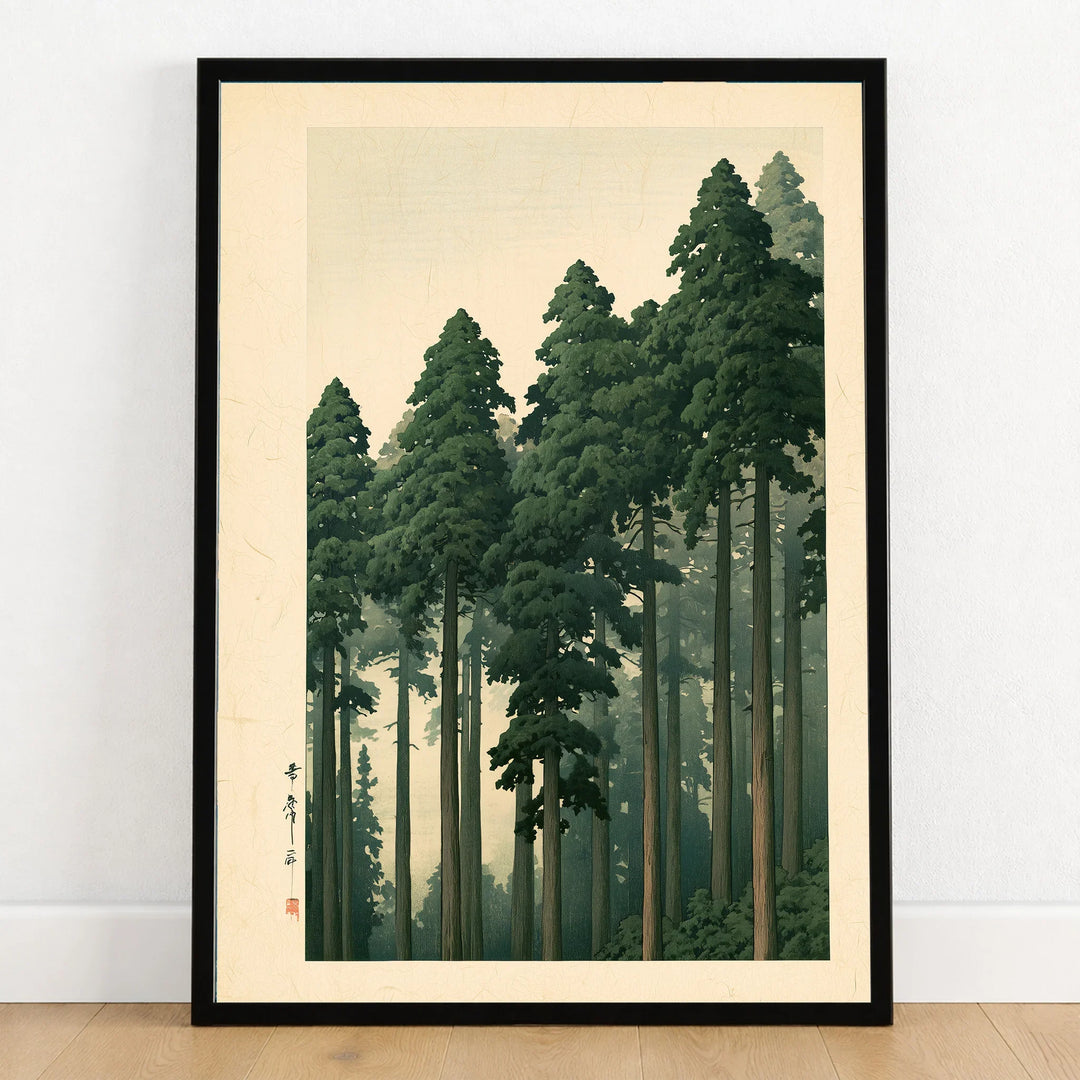 Japanese Cedar Forest Wall Art – Vintage Landscape Print — art print in black frame on wooden floor