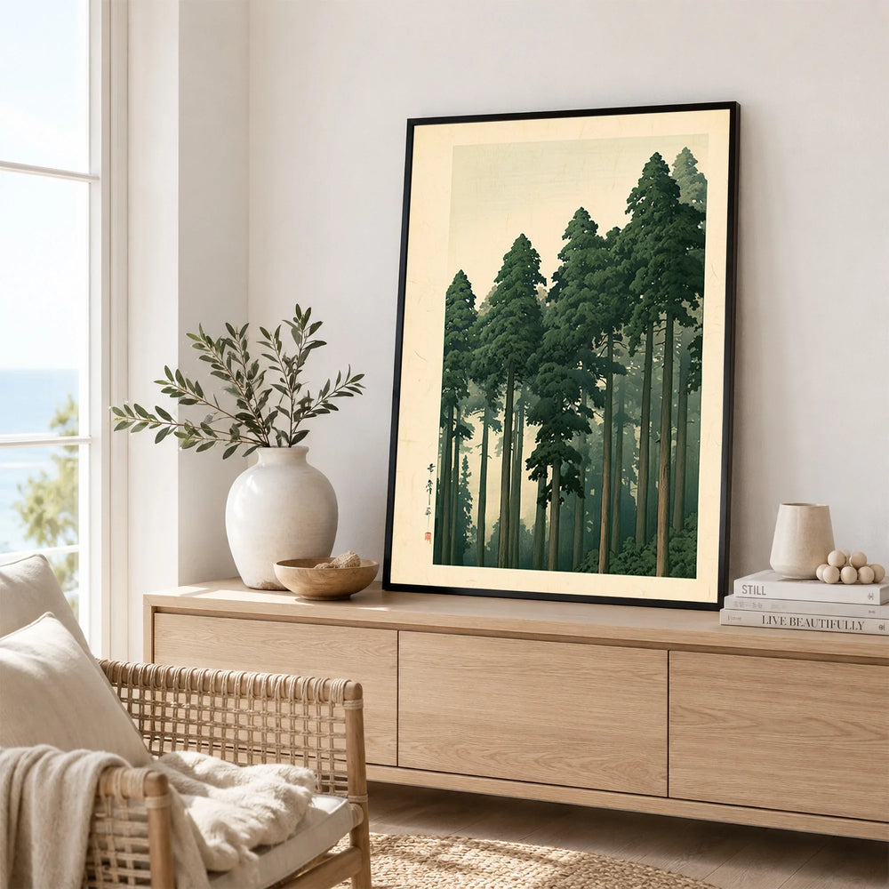 Japanese Cedar Forest Wall Art – Vintage Landscape Print — framed artwork living room lifestyle setting