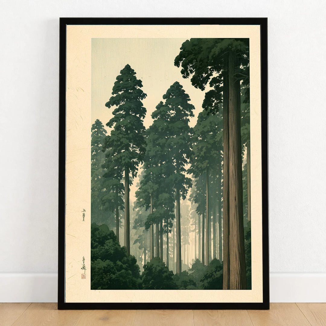 Japanese Forest Landscape Print – Vintage Woodland Wall Art — art print in black frame on wooden floor
