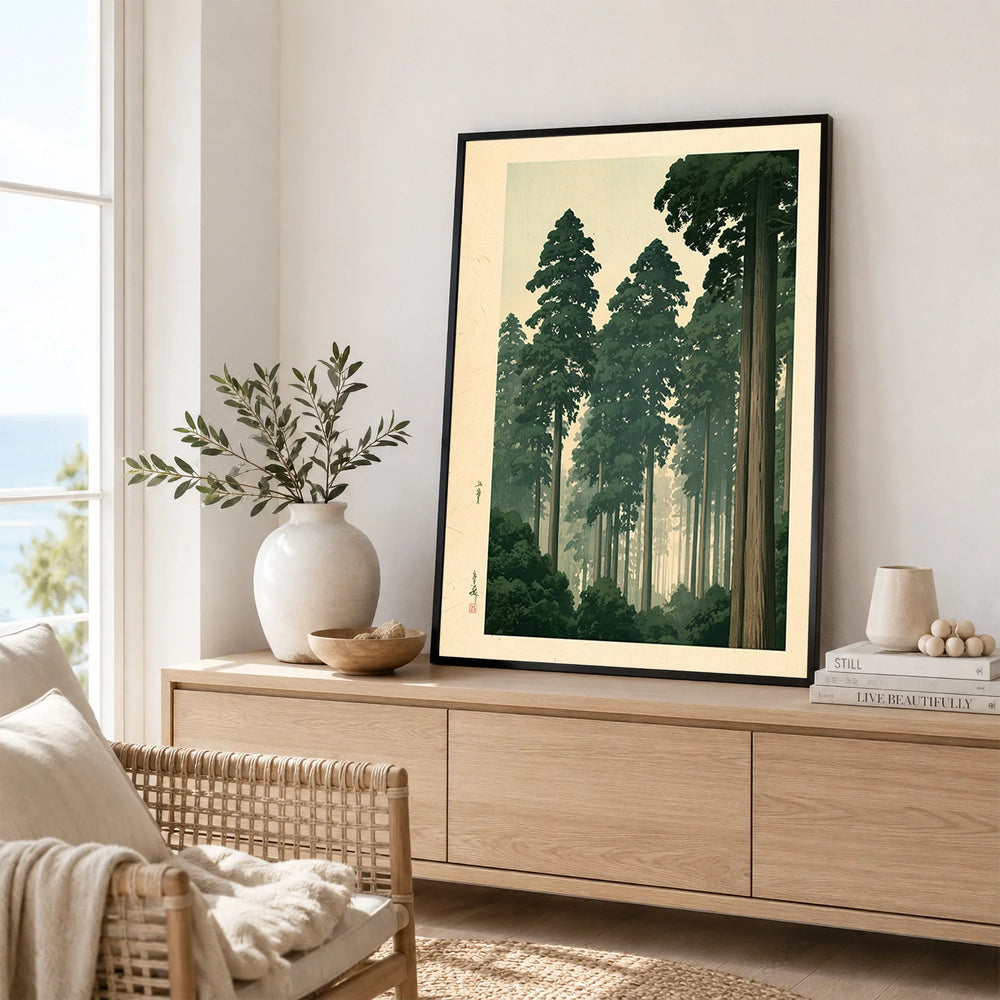 Japanese Forest Landscape Print – Vintage Woodland Wall Art — framed artwork living room lifestyle setting