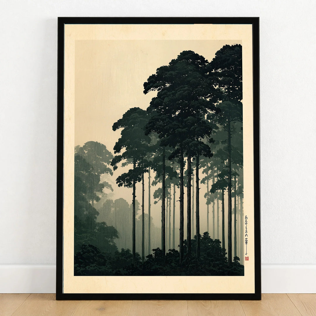 Japanese Pine Forest Art Print – Vintage Landscape Wall Art — art print in black frame on wooden floor