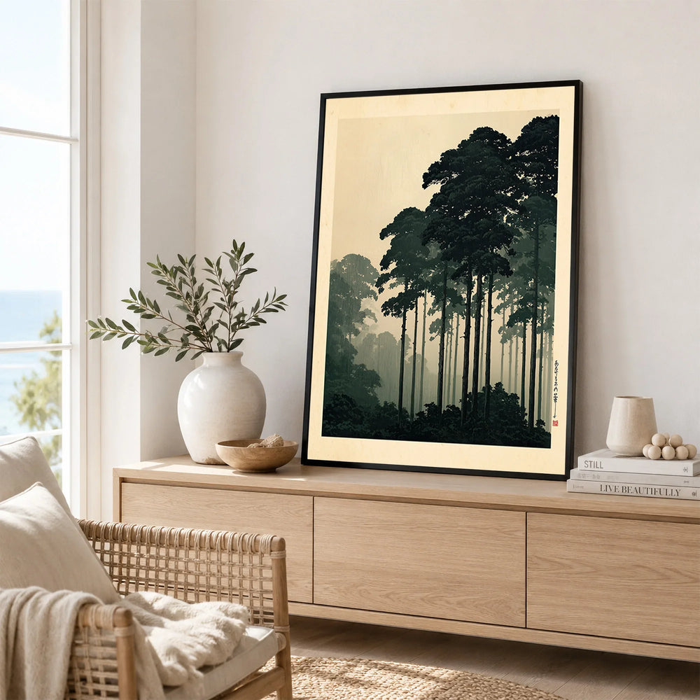 Japanese Pine Forest Art Print – Vintage Landscape Wall Art — framed artwork living room lifestyle setting