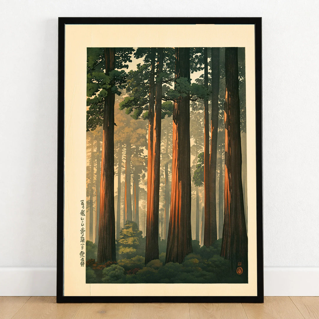 Japanese Cedar Forest Print – Vintage Japanese Wall Art — art print in black frame on wooden floor