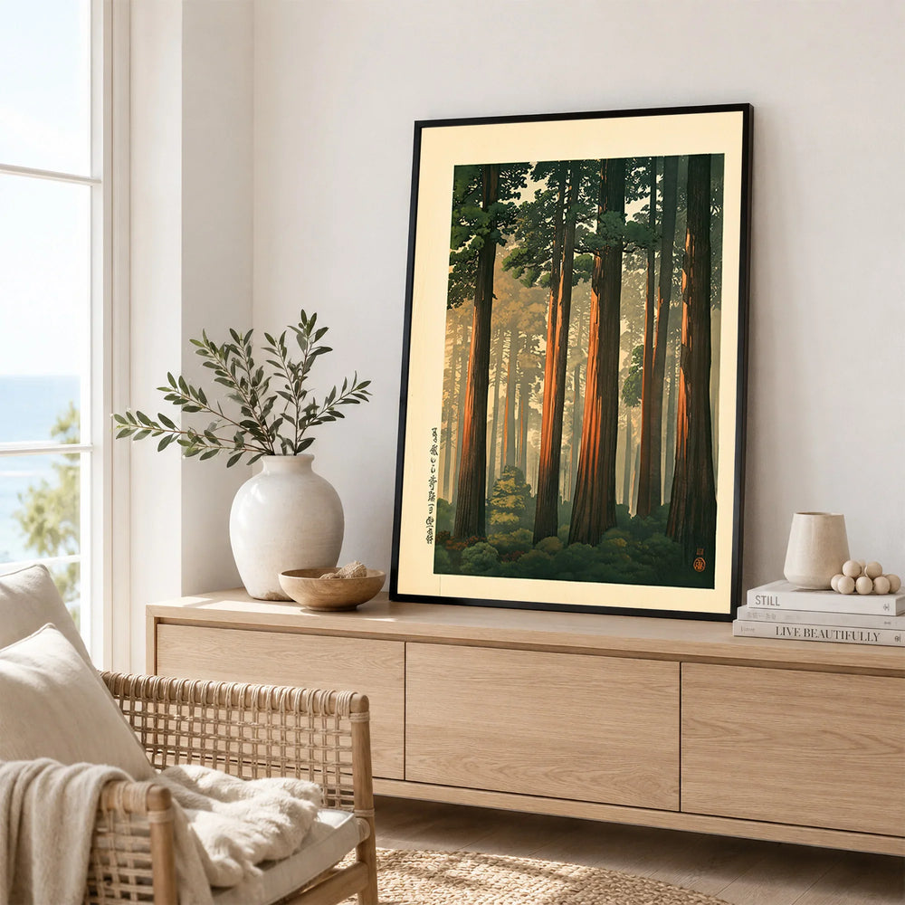 Japanese Cedar Forest Print – Vintage Japanese Wall Art — framed artwork living room lifestyle setting
