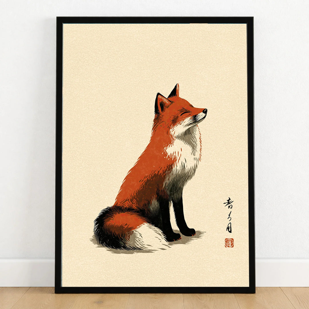 Japanese Fox Art Print – Vintage Ukiyo-e Style Wall Art — art print in black frame on wooden floor