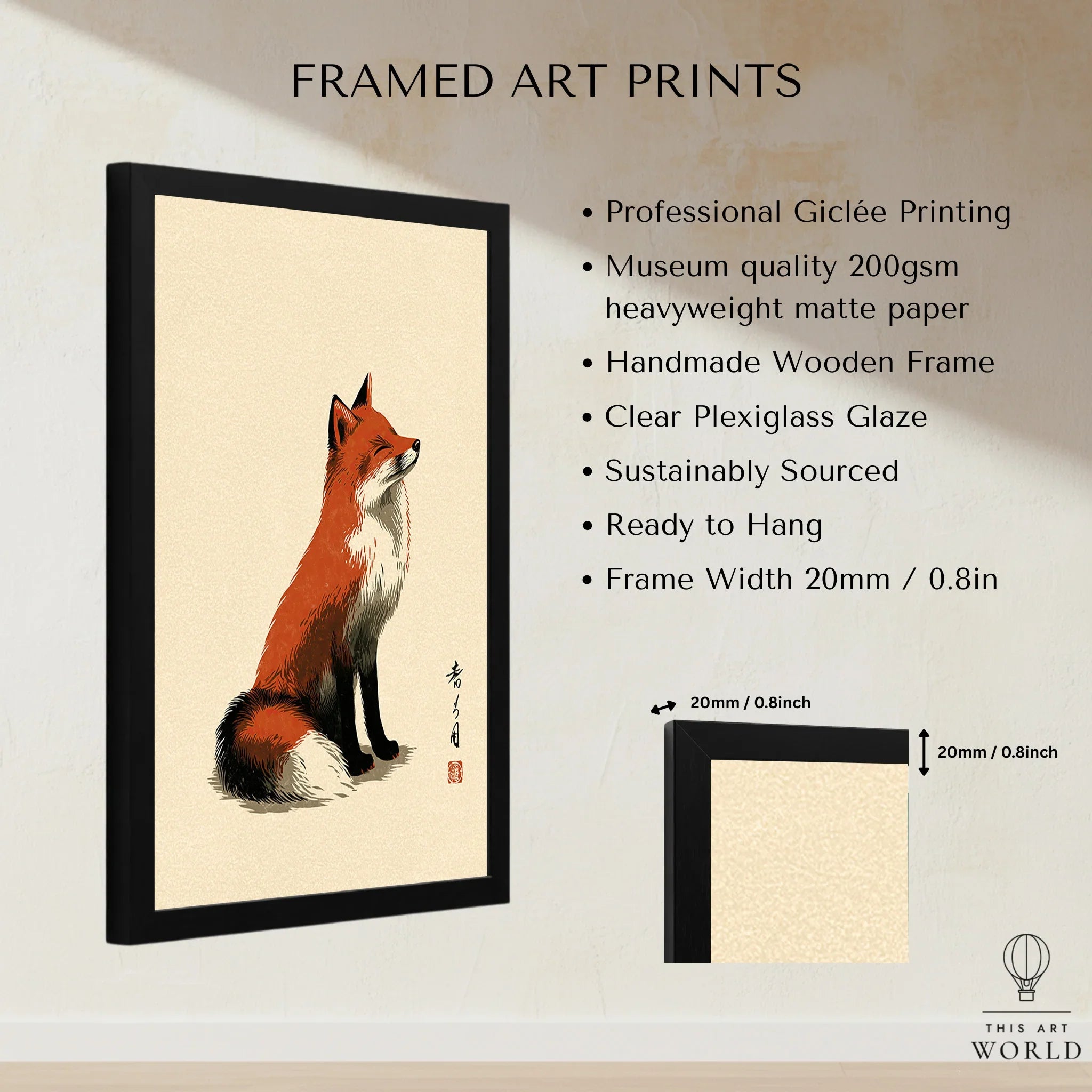 Japanese Fox Art Print – Vintage Ukiyo-e Style Wall Art — framed print details measurements quality details