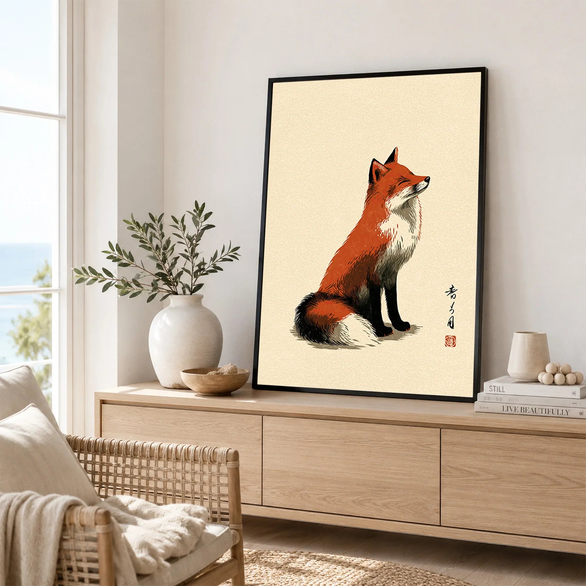 Japanese Fox Art Print – Vintage Ukiyo-e Style Wall Art — framed artwork living room lifestyle setting