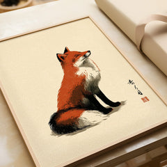 Japanese Fox Art Print – Vintage Ukiyo-e Style Wall Art — framed art print closeup gift unwrapped natural frame