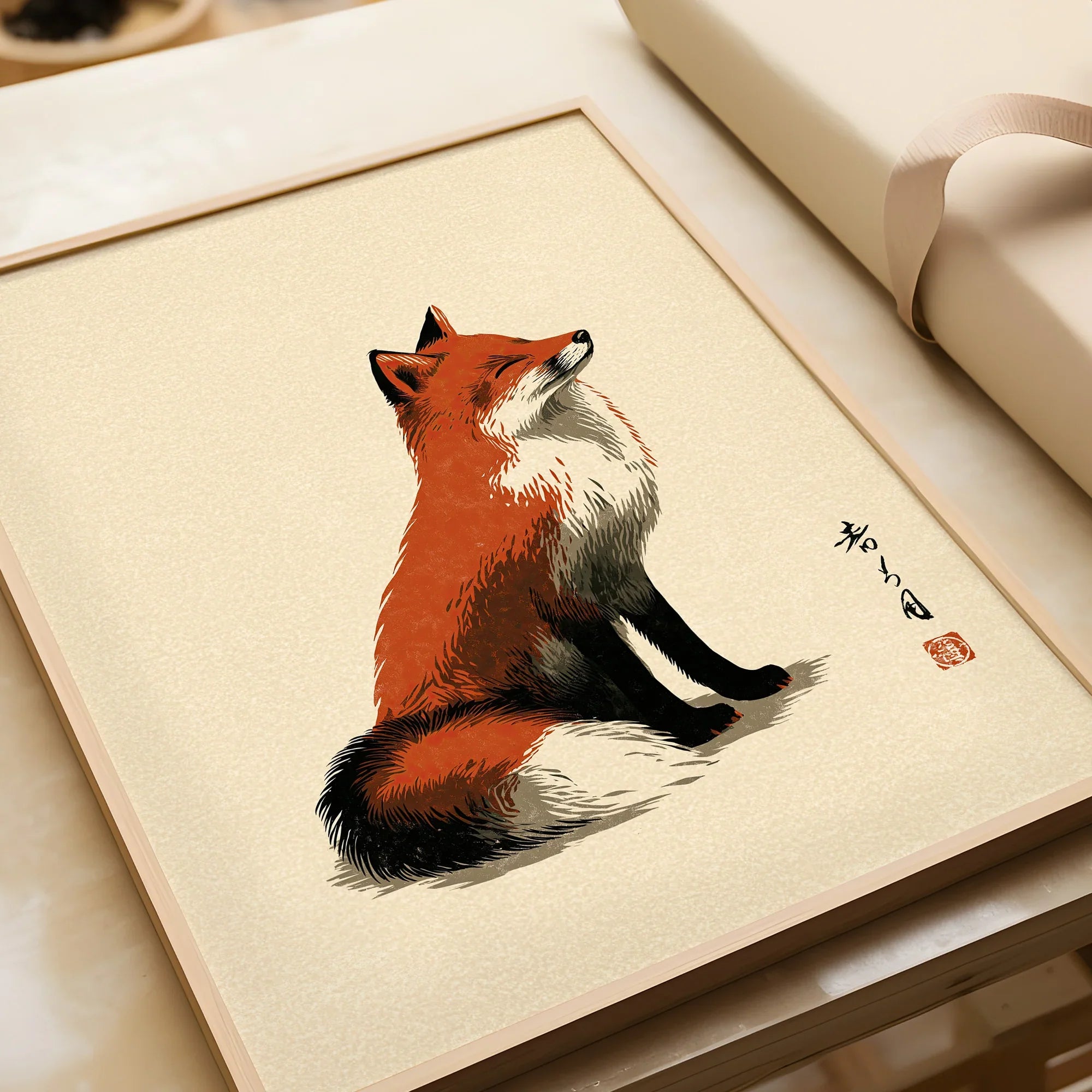 Japanese Fox Art Print – Vintage Ukiyo-e Style Wall Art — framed art print closeup gift unwrapped natural frame