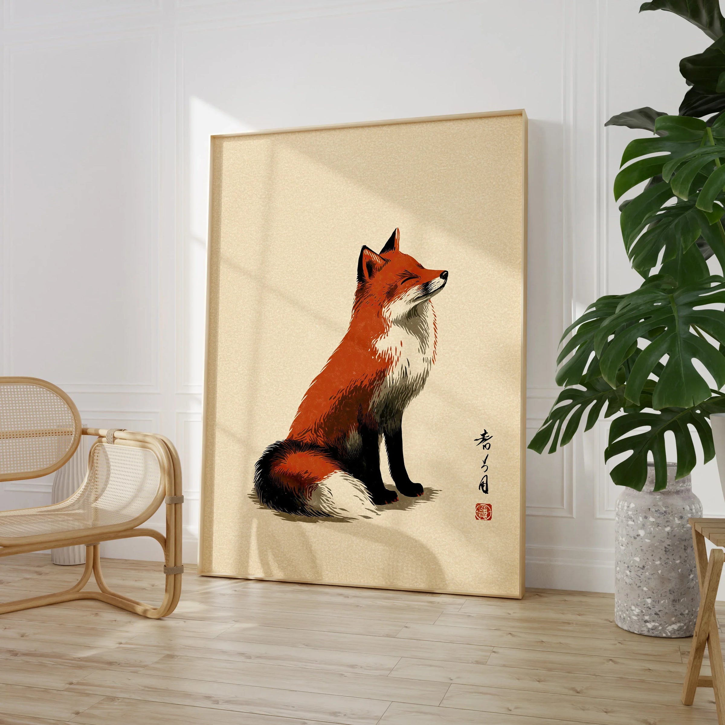 Japanese Fox Art Print – Vintage Ukiyo-e Style Wall Art — large framed print room setting chair plant