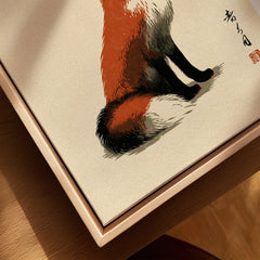 Japanese Fox Art Print – Vintage Ukiyo-e Style Wall Art — closeup framed canvas natural wood floating frame