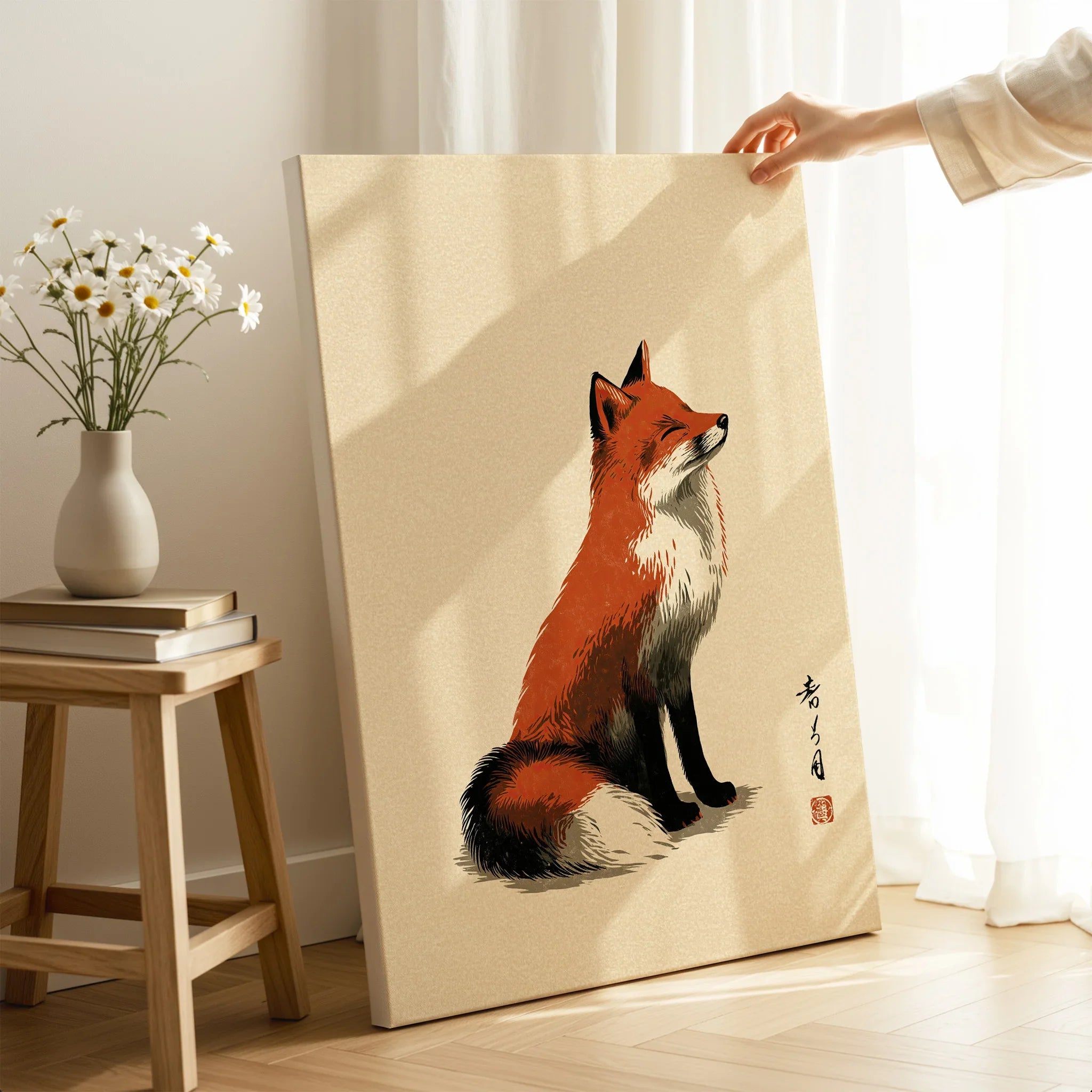 Japanese Fox Art Print – Vintage Ukiyo-e Style Wall Art — canvas print mirror edge hand holding room setting