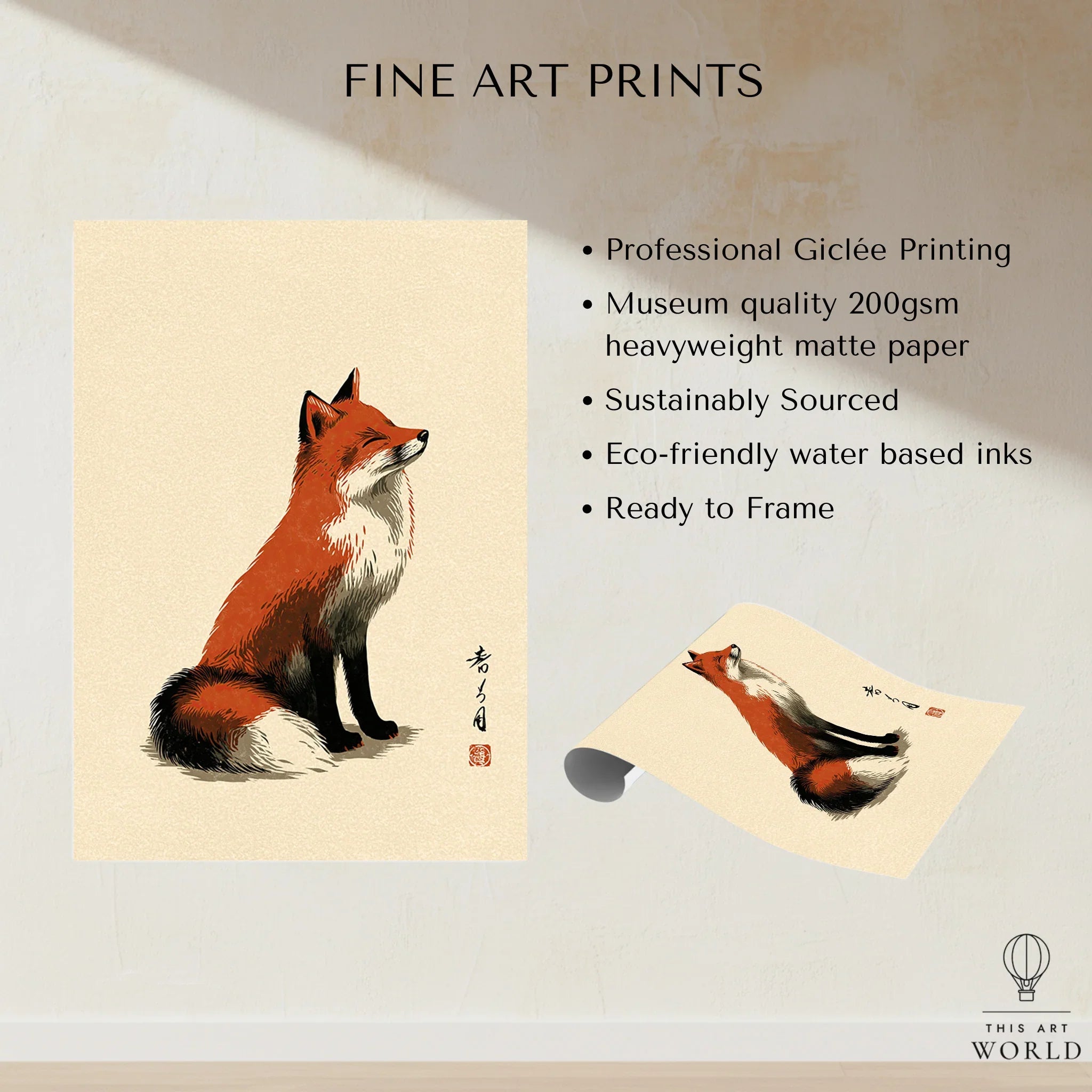 Japanese Fox Art Print – Vintage Ukiyo-e Style Wall Art — fine art print unframed quality details