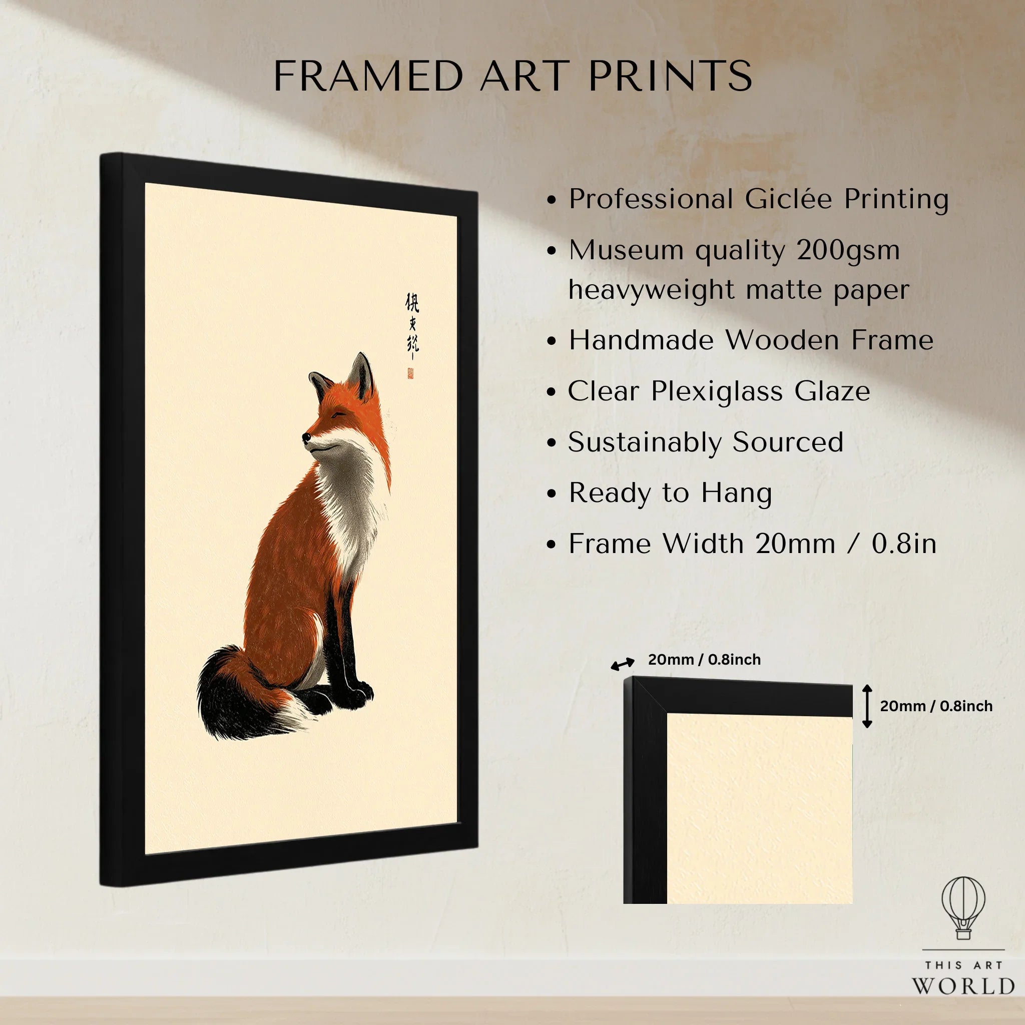 Japanese Fox Wall Art – Vintage Japanese Animal Print — framed print details measurements quality details