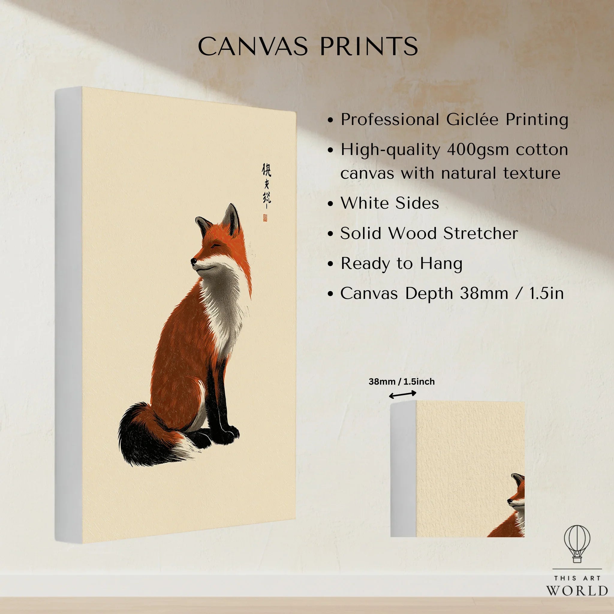 Japanese Fox Wall Art – Vintage Japanese Animal Print — canvas print stretched cotton canvas details