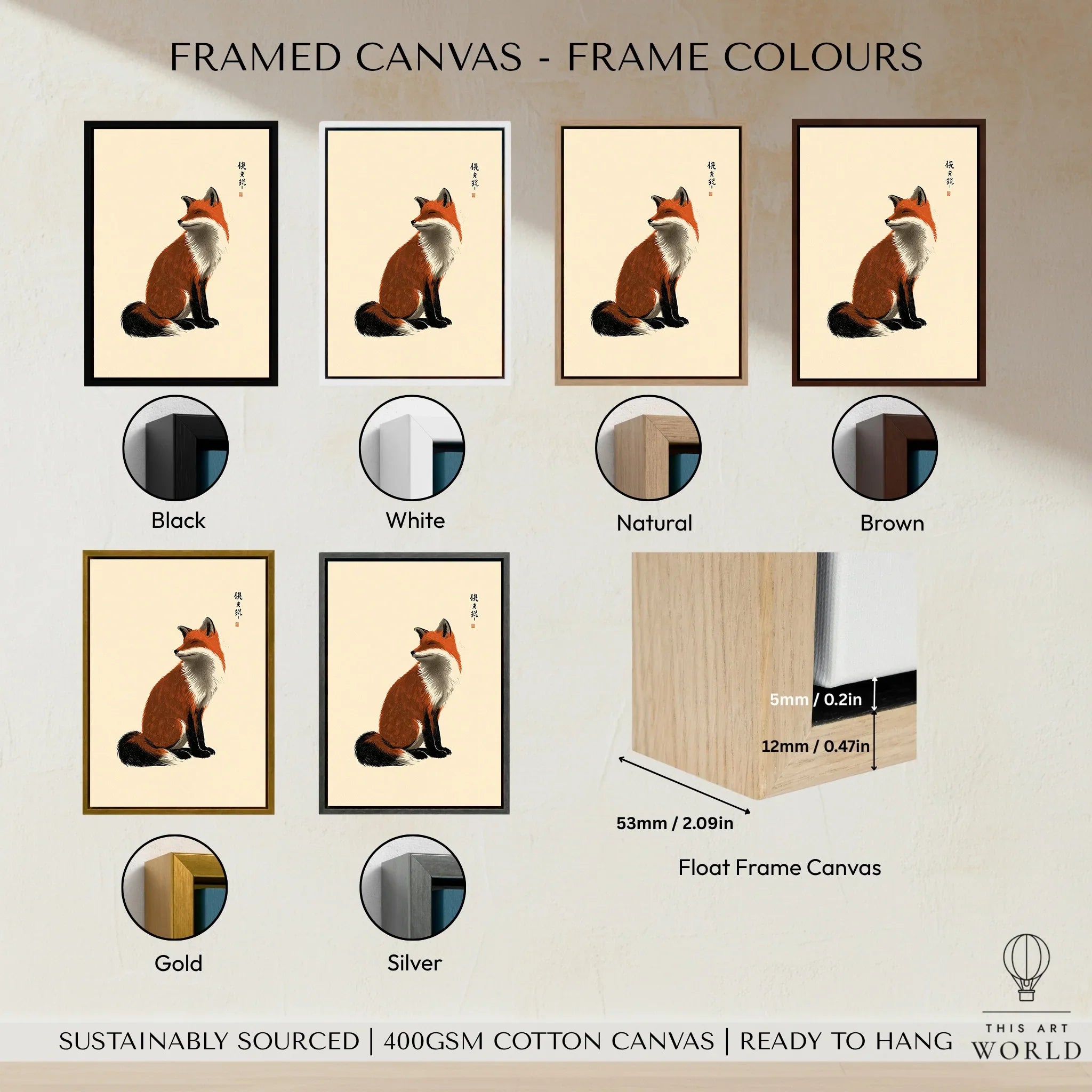 Japanese Fox Wall Art – Vintage Japanese Animal Print — framed canvas float frame colour options