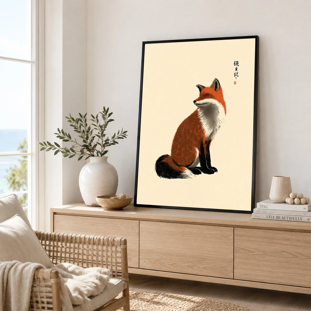 Japanese Fox Wall Art – Vintage Japanese Animal Print — framed artwork living room lifestyle setting