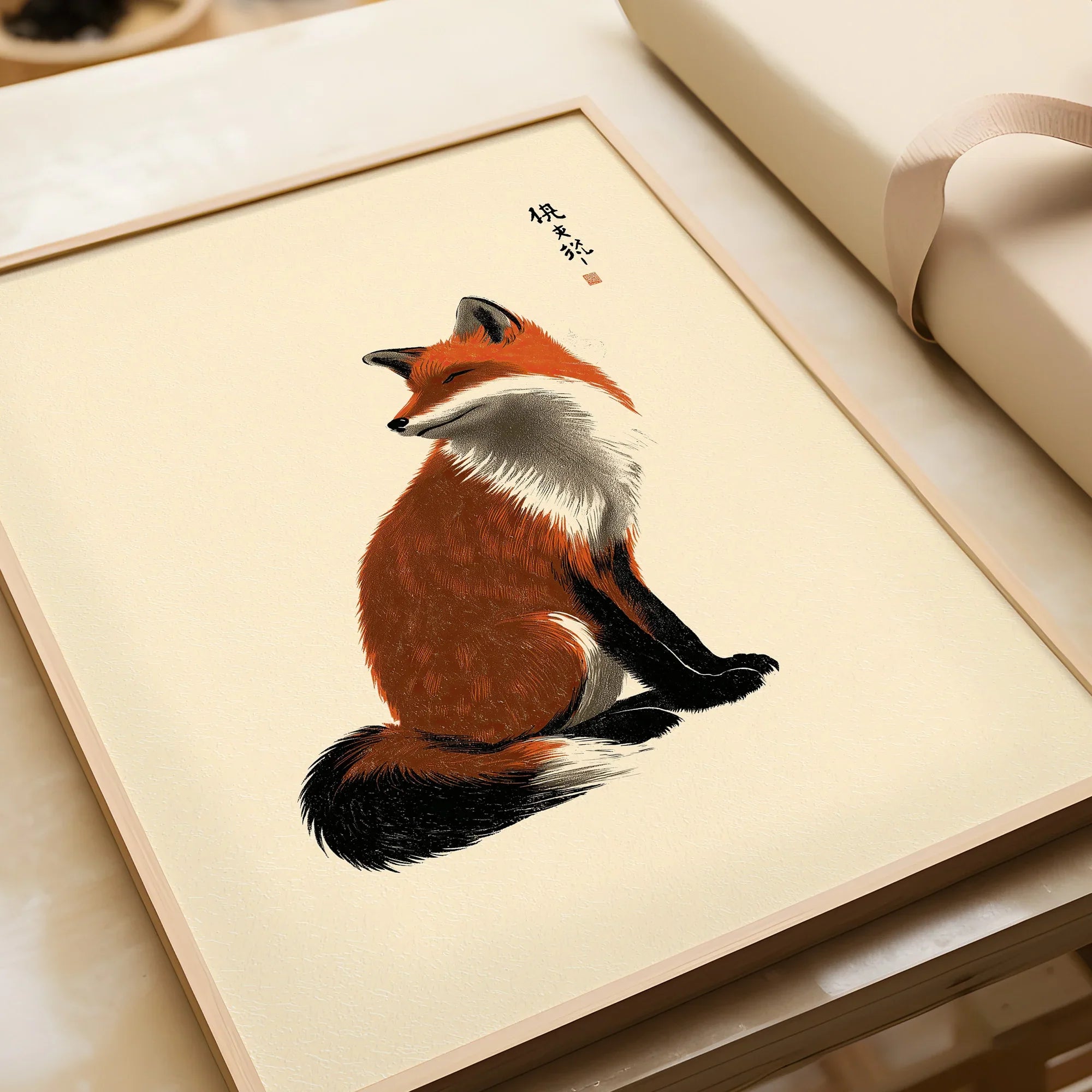 Japanese Fox Wall Art – Vintage Japanese Animal Print — framed art print closeup gift unwrapped natural frame