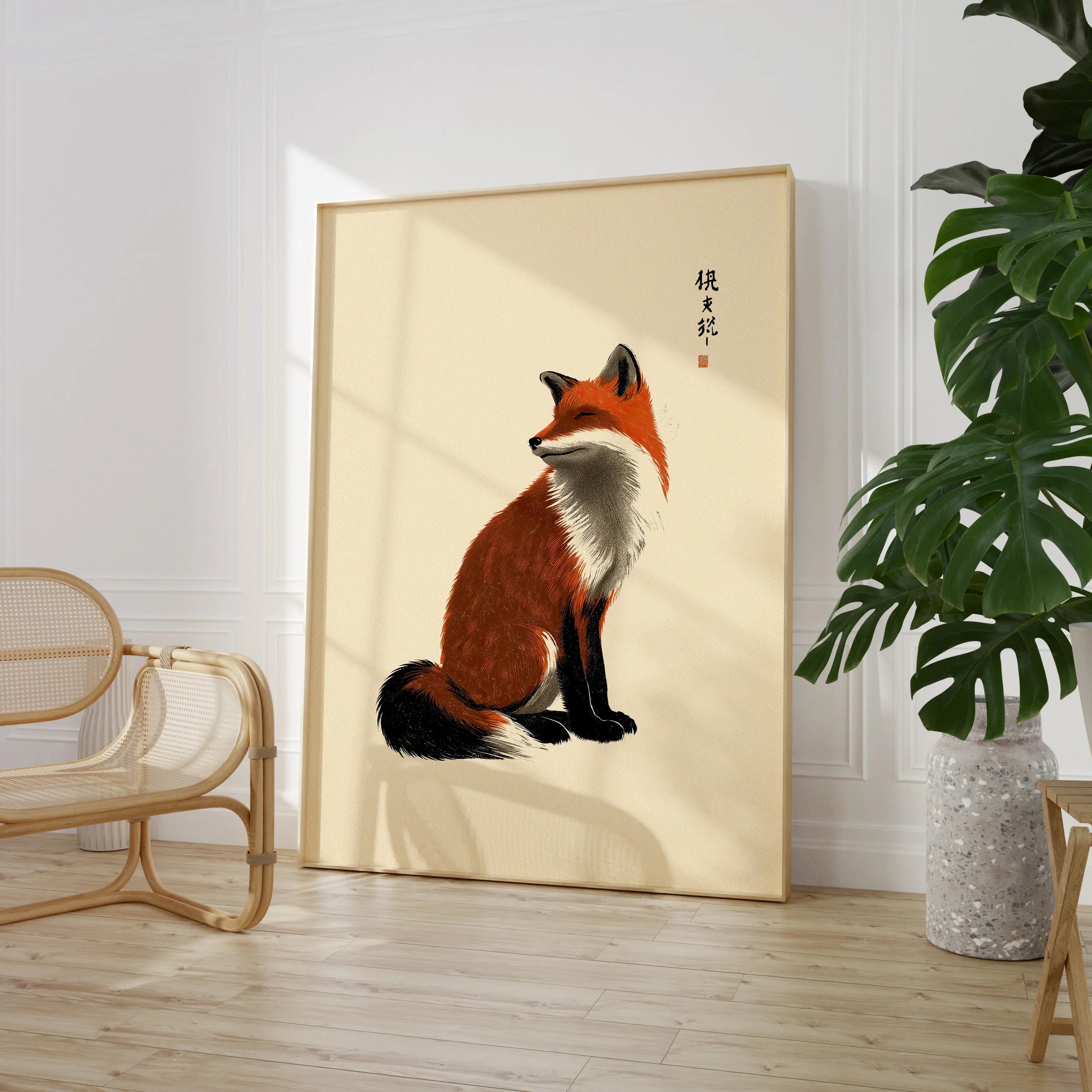 Japanese Fox Wall Art – Vintage Japanese Animal Print — large framed print room setting chair plant