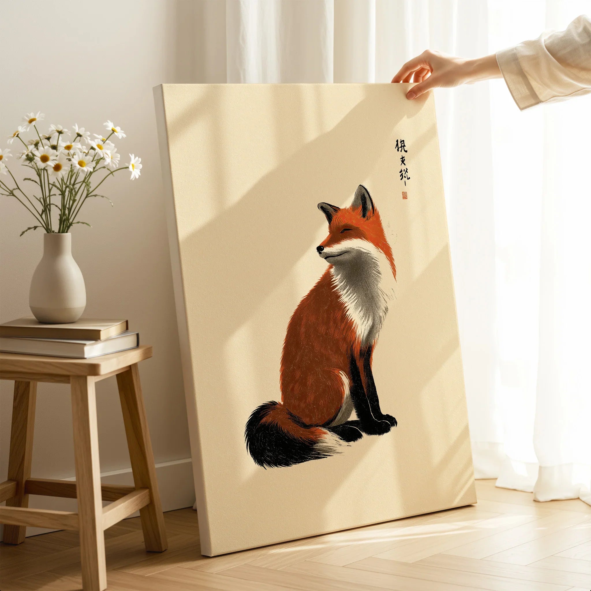 Japanese Fox Wall Art – Vintage Japanese Animal Print — canvas print mirror edge hand holding room setting