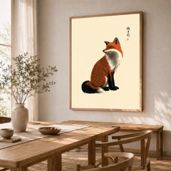 Japanese Fox Wall Art – Vintage Japanese Animal Print — dining room framed print natural wood frame