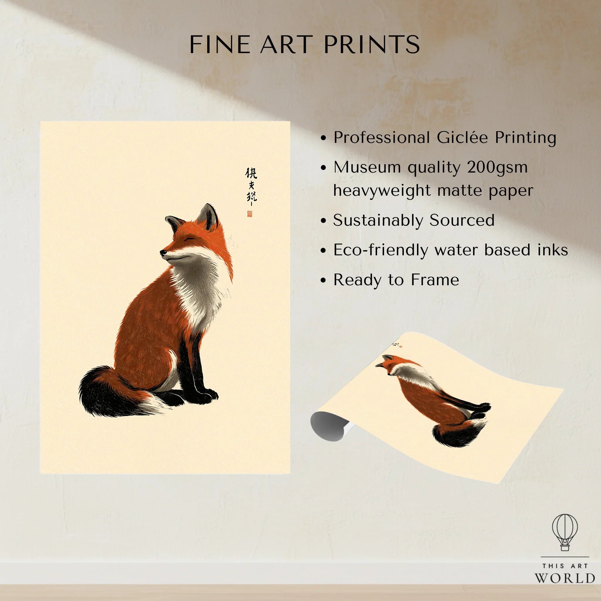 Japanese Fox Wall Art – Vintage Japanese Animal Print — fine art print unframed quality details