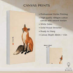 Vintage Japanese Fox Art Print – Minimal Wildlife Wall Art — canvas print stretched cotton canvas details