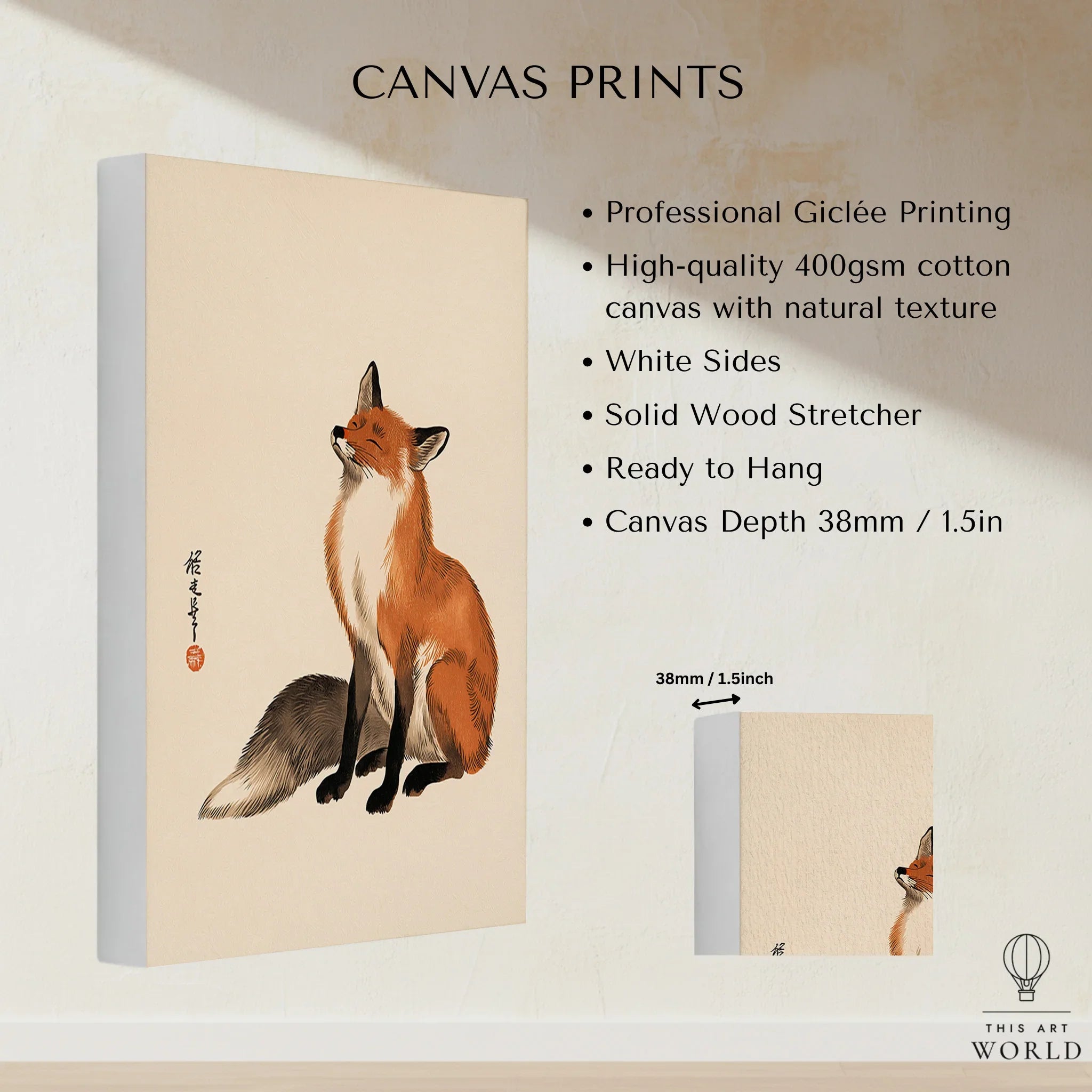Vintage Japanese Fox Art Print – Minimal Wildlife Wall Art — canvas print stretched cotton canvas details