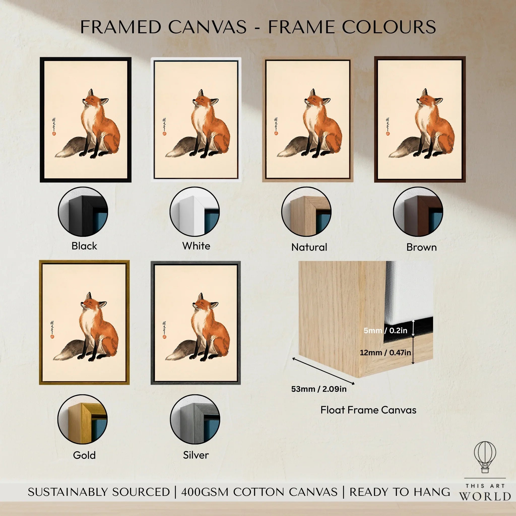 Vintage Japanese Fox Art Print – Minimal Wildlife Wall Art — framed canvas float frame colour options