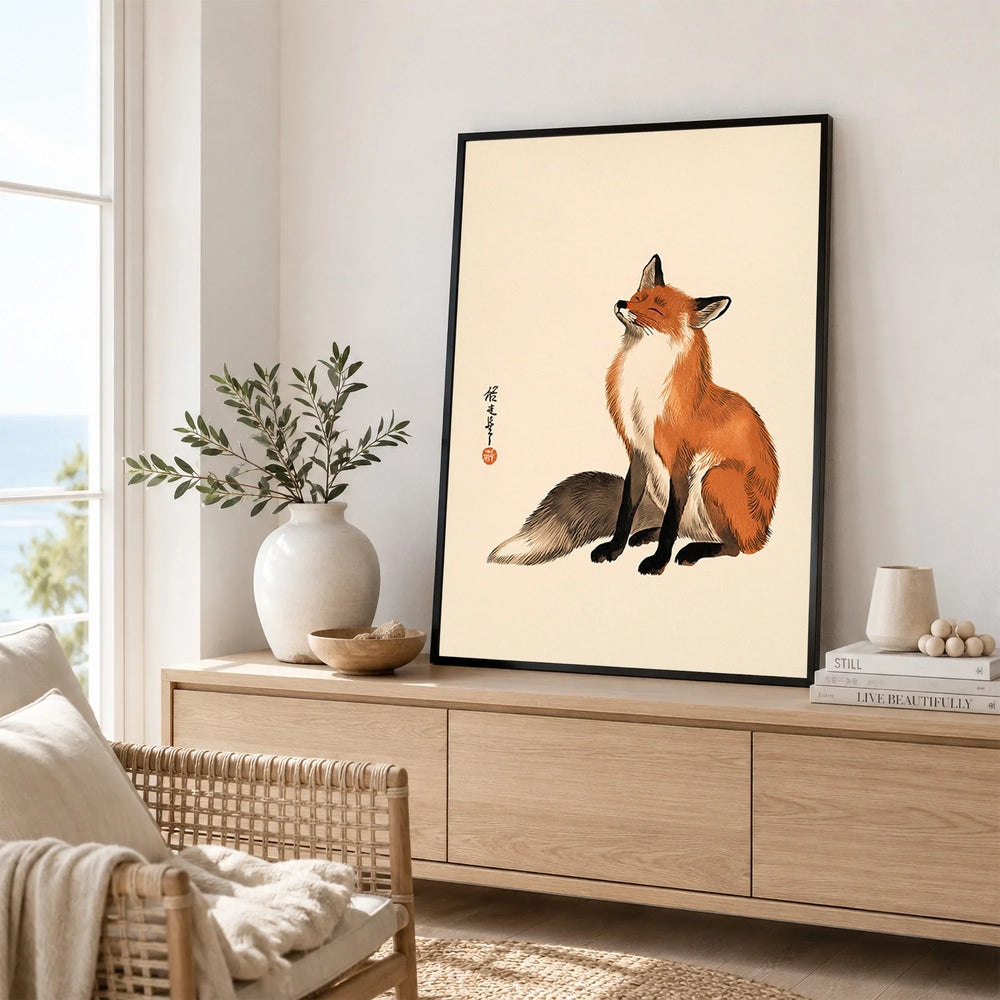 Vintage Japanese Fox Art Print – Minimal Wildlife Wall Art — framed artwork living room lifestyle setting