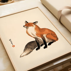 Vintage Japanese Fox Art Print – Minimal Wildlife Wall Art — framed art print closeup gift unwrapped natural frame