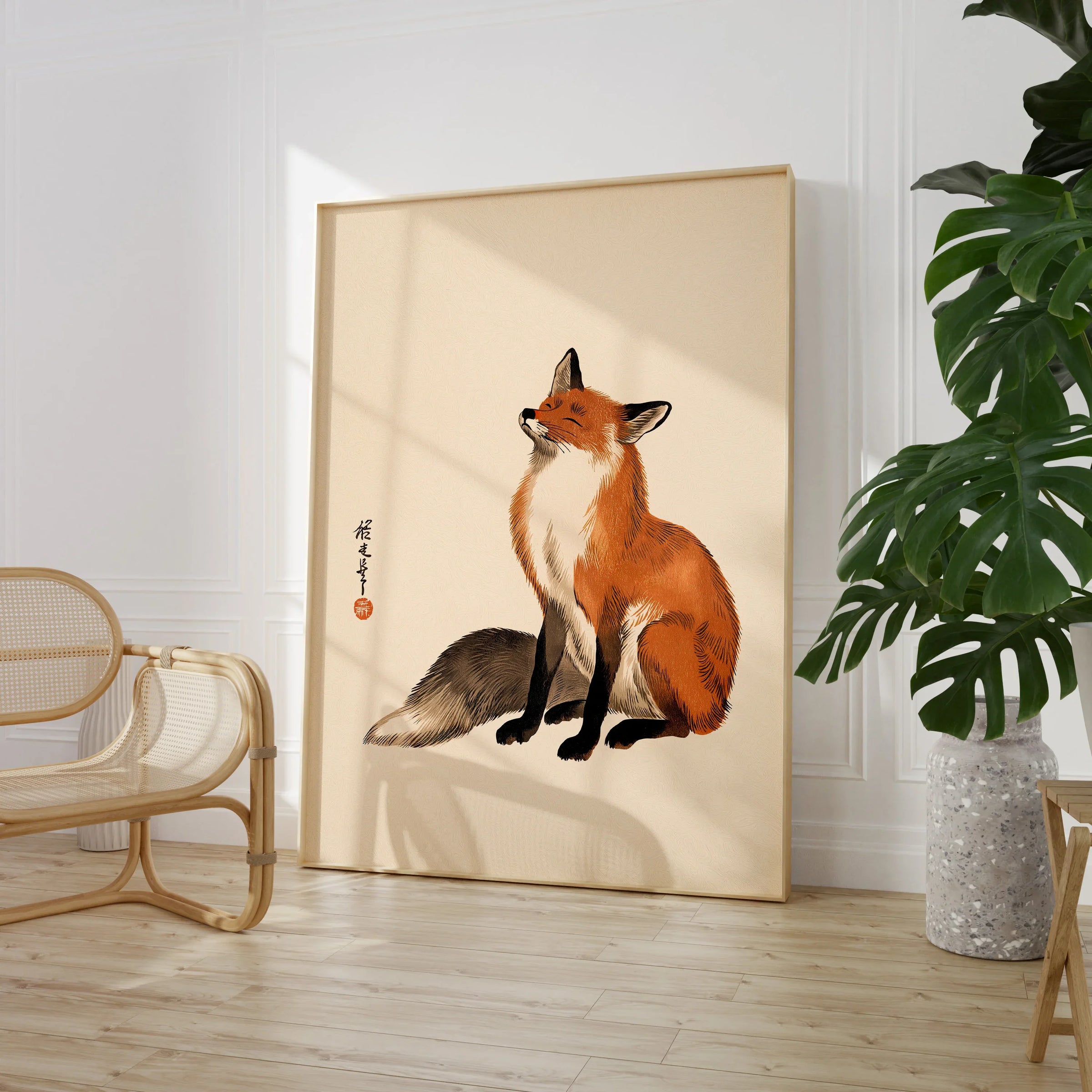 Vintage Japanese Fox Art Print – Minimal Wildlife Wall Art — large framed print room setting chair plant